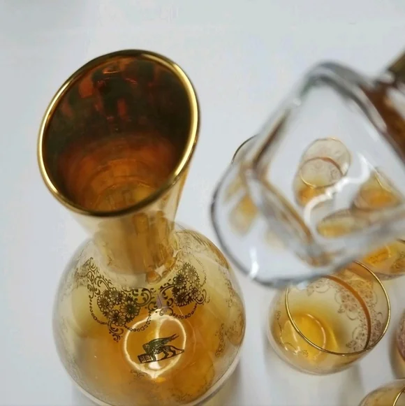 Murano Italy 24 Kt Gold Floral Glass Decanter & 6 Matching Glasses - Picture 14 of 16